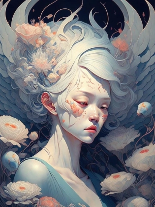 a painting of a woman with white hair and blue wings and flowers on her head by James Jean <lora:JamesJean:1>