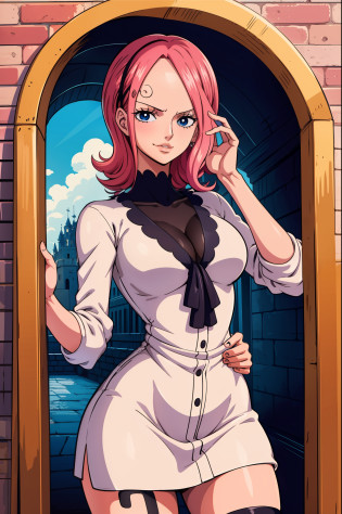 Reiju, One Piece, middlebreasts, eyes visible through the hair, pele clara, boca fechada, olhando para o telespectador, ((parte superior do corpo)), franja, cabelo com franja, cabelo rosa, batom rosa, cabelo flutuante, 1girl, um personagem, uma garota, eyes visible through the hair, ((franja escondendo um olho)), olho azul, sexy look, interior de um castelo, fundo desfocado, castelo anime, ((obra prima, melhor qualidade, 8k))