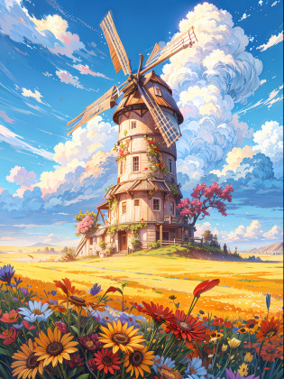 A windmill in a field with flowers and a blue sky, anime countryside landscape, windmill, 8k high quality detailed art, anime background art, a beautiful artwork illustration, detailed painting 4 k, 4k highly detailed digital art, 4 k highly detailed art, beautiful art uhd 4 k, a beautiful landscape, scenery artwork, silvain sarrailh