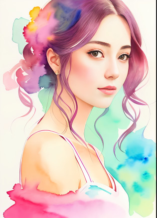 Watercolor style?Portrait of a woman?Bright design?PastelColors?Ink Drop?pink there?Viola