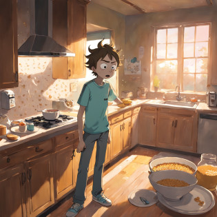Morty stood in the kitchen, Pour the cereal into a bowl. Rick entered, Yawning.
Morty's morning routine unfolds in the cozy kitchen?He pours the cereal into the bowl. Soft sunlight streams through the windows casting soft shadows on the countertops. Rick strolls, Still half asleep, Add a touch of contrast to your scene. The cluttered kitchen hints at their shared space, There were half-empty coffee cups and scattered notes. The familiar aroma of breakfast fills the air, When the radio plays softly in the background. Comfort and routines dominate in the snapshot of their daily lives. Photo by Alex Harris using a Fuji X-T4 and a 35mm lens. The light reproduces warmth, natural morning light, Inject a cozy atmosphere into the scene. 8K, hyper HD, Hyper-Resolution. (Rick and Morty)