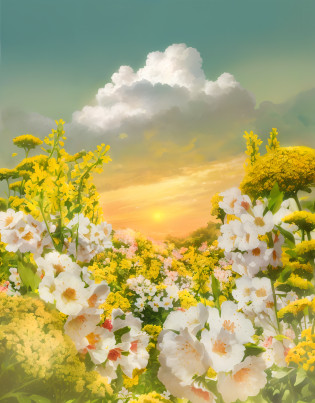 There is an image of a field of flowers with a background of the sky, campo de fundo das flores, bright sunny summer day, floral sunset, background is celestial, O Brilhante Amanhecer no Prado, cheio de flores amarelas flores, Fundo do dia ensolarado, magia radiante amarela, cena quente e bonita, flor e flores no fundo, quente e ensolarado altamente detalhado, Atmosfera floral