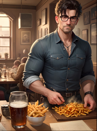 Detailed, high-quality CG illustrations with a tough and atmospheric British gang theme. This work features complex and highly detailed descriptions of classic English pub food, including crispy and perfectly seasoned french fries, a tough guy with glasses that captures the essence of the avant-garde and instinctive world of the British underworld.