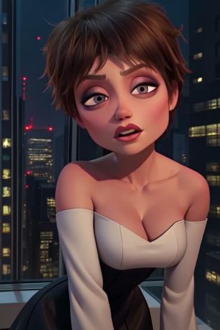 Evelyn,short brown hair, makeup, eyes half open, upper body, looking at viewer,  black  dress with white vertical stripes,  white trim, collarbone,   leaning forward,  cleavage, 
 tipsy, 
 in tall building, skyscraper, window, stars, nighttime,
 (insanely detailed, beautiful detailed face, masterpiece, best quality) cinematic lighting, 
 <lora:Evelyn-10v4:0.8>