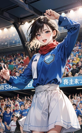 (absurdres, Super-resolution, masterpiece, best quarity, finely detailed, absurdres:1. 2), waist-up shot, close distance, audience full of capasity, at stand of soccer stadium, ultras, 1female audience at stand behind the goal, replica soccer shirt, red blush, passionate support, chant, shout, delight, joy, sweat, towel muffler around neck,