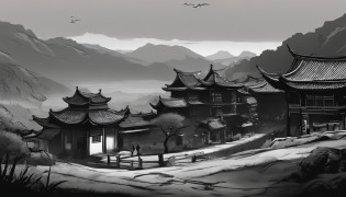 A Chinese-style village in black and white?Asian Village, Field landscape, quaint village, old village in the distance, small village, neo noir style, neo noir style, drawn in a neo - noir style?Black environment, drawn in a noir style