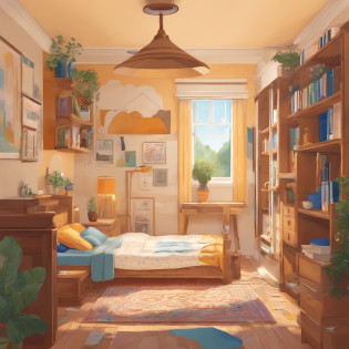 Inside (a light wood-colored bed with white sheets, yellow pillows and blue duvet), (a light wood-colored desk with a pencil, a notebook and a textbook), (a light wood-colored chair in front of the desk), There is a room with (a child sitting on a chair and studying at a desk), (a light wood-colored wardrobe with double doors, one of which is opened to reveal clothes hanging inside), a patterned carpet, a wall clock, a wall painting, (a bookcase with several books on its shelves), a full-length mirror. The room has the same dimensions in width, breadth or depth. The room has no roof or ceiling. The top of the room is open. The image is from outside the room and well above the ceiling, showing the room, the walls of the room and the garden outside the room, including the trees, the swing and the flowers, from an isometric perspective. This is a game screenshot. This image captures the furniture, home and lifestyle of 1900s America.