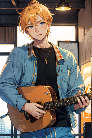 masterpiece, best quality, 1 male, adult, orange-blonde hair, musician, soft features, playful expression, golden eyes, soft eyes, ((short hair)), ((man bun)), uhd, perfectly photorealistic, ((modern)), ((modern clothing)), city background, (playing guitar), city background, soft boy, sweatpants, cozy, pretty boy, (loose clothing), soft expression, calm expression, soft lighting, upper body focus, detailed eyes, detailed face, blush, blue yellow color scheme, ((lose clothing)), close up, kawaii, soft features, muscular build, soft masculinity, round face, orange lighting, (evening), sunset, romantic lighting, ((loose flanel))