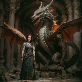 (Numerous award-winning masterpieces, with incredible detail, textures and maximum detail), (hyper realistic:1.4), (european style black dragon), (european style red dragon), (european style dark brown dragon),  (Dragon Tamer and European style dragon 2 shot full body photo: 1.8), (realistic:1.3), (upper body up:0.3), (best quality real texture skin), (finely detailed true circle eyes), (finely Detailed and beautiful face:1.6), ((medieval world)), (dragon tamer:1.6), (big trained european style dragon: 1.8), (Full-length portrait:1.5), (Dragon's eyes glow strongly from the inside), (tamer has joy in her eyes and a happy smile on her face: 1.3), (Dragon Tamer and European style dragon 2 shot full body photo: 1.8), (Dramatic Light), (A majestic sight), (simple, small whistle of fine workmanship hangs from the trainer's neck), (european style dragon with big wings behind shoulder: 1.8), (Tamers wear sturdy leather armor with elaborate patterns: 1.2), Earrings with a sacred atmosphere of refined craftsmanship, Followed by little european style dragon behind, (((dramatic photo))), ((dramatic pose)), (flamboyant photo), ((looks up)), ((looking down)), (gives full-body standing image:1.5), Old ruins infested with plants, great temple, great cathedral, great shrine, temple ruins, detached temple, Ruins of an ancient castle, Deserted ruins, crumbling ruins, Ancient ruins with clear water, wavelets, running water Shining majestic cloud masses and sky, epic realistic, faded, art, (Greg rutkowski:0.8), (teal and orange:0.4), (art station:1.5), cinematic, ((neutral colors)), (hdr:1.5), (muted colors:1.2), hyper detailed, dramatic light, (intricate details:1.1), complex background,