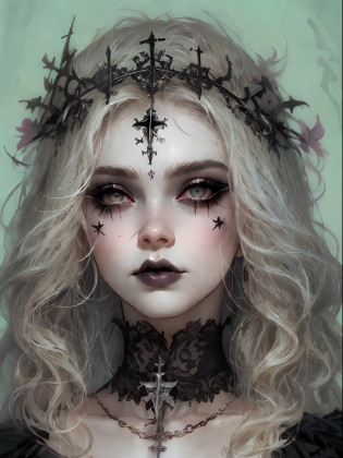 HighestQuali?tmasterpiece?1.2?Detailed details?1 Gothic girl?Black wedding dress?Gorgeous headdress?Bust?Rose flower?crosses?silver ornaments?brunette color hair?redheadwear?blond hairbl?paleskin?Black lipstick and eye shadow?Accessories include the Cross Medal?Pentagram?crosses?cloaks?shawl?Sexy?chies?a lit candle