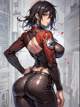Pintura de Mikasa Ackermann hyper realista, wearing tight pants, bunda grande, posando sensualizando, bunda enorme , bunda grande, bunda volumosa , corpo suado e molhado, retrato de corpo completo, peitos grandes, coxas grossas,8K ,HD, Realista