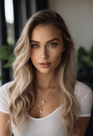 Arafed woman with a white tank top and necklace, fille sexy aux yeux verts, Portrait Sophie Mudd, cheveux bruns et grands yeux, selfie of a young woman, Yeux de chambre, Violet Myers, sans maquillage, maquillage naturel, looking straight at camera, Visage avec Artgram, Maquillage subtil, stunning closeupheadshot, piercing green eyes