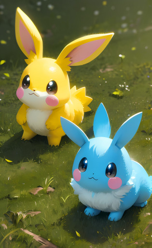 sugimori ken \(style\), electric pokemon, rabbit, yellow, (masterpiece), high quality, best quality, high-definition, ultra-detailed, outdoors, grass