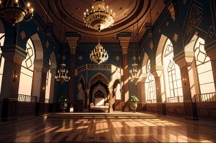 a close up of a large room with a chandelier and a chandelier, inside a palace, inside a grand ornate room, mosque interior, moroccan mosque, islamic interior design, dark majestic ornate great hall, islamic architecture, arabic architecture, cyberpunk mosque interior, unreal engine 5 render dramatic, in a throne room, exquisitely designed throne room, moorish architecture