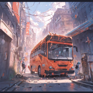 Real bus?On the street?Crash?disaster?Fragmentation?disintegration?Overturned?Realistic background?Background�of�details