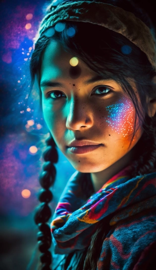 young mapuche woman thinking with her mind, passionate, happy and quirky full of pastel color, light painting, bokeh, hyperspectral imagery, telephoto, electric colors, fluorescent, film lighting, dust, electricity, post processing --ar 9:16