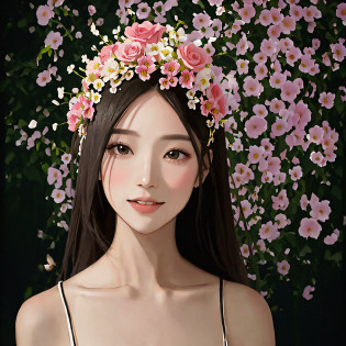 Beautiful woman with flowers and crown of flowers in hair, hair flyer, (black hair: 1.5), (smile: 1.5), (black eyes: 1.5), (Japan person: 1.2), flower storm portrait, flower woman, hair flower, hair flower, flower girl, flower goddess, beautiful portrait photo, girl with flower head, perky woman made of petals, portrait of woman with flowers, girl in front of flower garden, flower full background