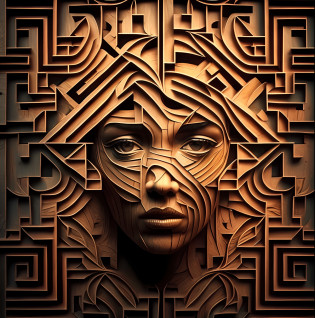 a close up of a wooden carving of a woman's face, intricate face, intricate detailed face, intricate portrait, intricate portrait design, detailed symmetrical face, intricate digital artwork, intricate faces, digital intricate art, symmetrical portrait scifi, hyperdetailed face, intricate digital art, intricate digital painting, fractal face, beautiful intricate face, symmetical face, detailed face )