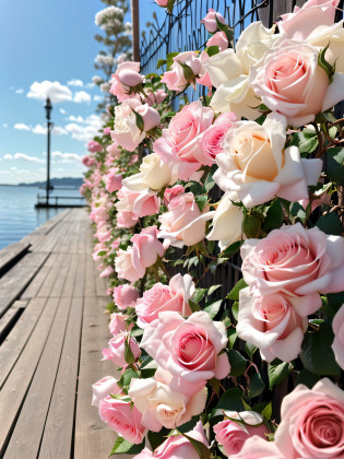 Pink roses grow on fences at the water's edge, beautiful aesthetic, Beautiful and aesthetic, hyperrealistic aesthetic, Beautiful flowers, beautiful aesthetic design, really realistic, Aesthetics, hyper - realistic, Hyper-realistic, rosette, Aesthetic!!, hyperrealistic aesthetic, rosses, Very aesthetic!!!!!!, wallpaper aesthetic, beauty filter, Hyper-realism, ultra-realistic realism