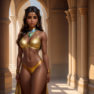 Photorealistic, raw photo, hyper detailed, detailed background, natural lights, best shadows, solo, 1 woman, Princess Jasmine (as Naomi Scott, Brown skin, Brown eyes) , wearing sexy Royal outfit in the palace Halls, old egypt, shoulders to show, navel to show, lace, makeup, tight boobs