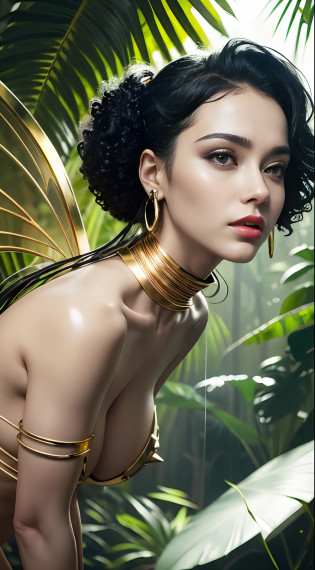 Woman naked with futuristic glass mechanical wings, hunting in the jungle like predator, girl only in gold body jewlry float in air like cyberpunk fairy, flying on the jungle, ultra Detailed face, ((flying over the jungle)), ((flying on the sky, above the green wild jungle)) ((girl flying in the sky on the futuristic)), She flying, flying like cyberpunk fairy, Highly Detailed Face and Skin Texture, big green eyes, juicy lips, bimbo lips, white skin, pale skin, fair complexion (afro curly Black hair), (pale skin), Detailed Eyes, Double Eyelids, wet curly black  hair, gold metal cyberpunk tapes, metal Collar, metal gold futuristic ((vaginal piercing)), gold jewelry on wet body, wet skin. She is naked, puffy medium breast, gold substance on the naked breast, naked, White skin, she is on the futuristic cyberpunk flying disc drone in the jungle, futuristic cyberpunk pilot helmet on head. Piercing in the nose. (Full body), ((dynamic posture))