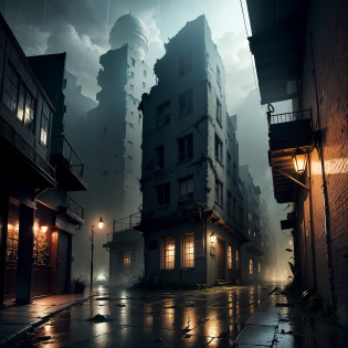 (Armageddon)?Dilapidated city?Plants climbing all over the walls ?Night?raining heavily?Black rain??Fog?dense fog??Dilapidated streets?Dimly lit alley??gloomy lighting??relic?(Dilapidated buildings)?(Uninhabited city)?Spooky atmosphere