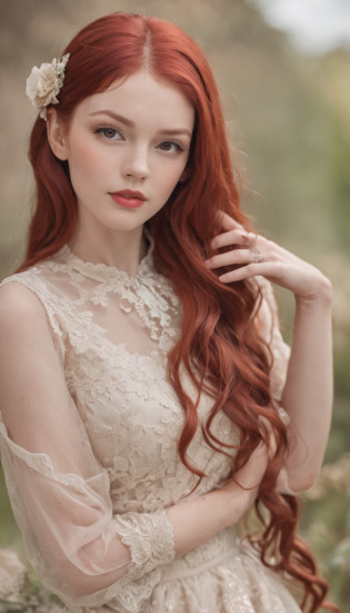 (obra prima, alto detalhe, absurdos, Foto RAW:1.4), 1 girl pinup, long red hair, rosto delicado, long eyelashes, little smile, In the Romantic Vintage Setting, summer dress, stockings, high heels