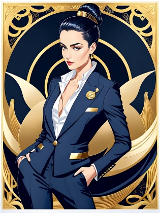 The ultimate female businesswoman exudes power in her navy pantsuit, silk scarf, and sleek bun. The detailed realism captures her sharp gaze, while gold leaf and metallic accents add depth and dimension to the hyper-maximalist artwork. The stunning, epic masterpiece blends Art Deco and Art Nouveau with a contemporary twist, showcasing modern femininity and strength.