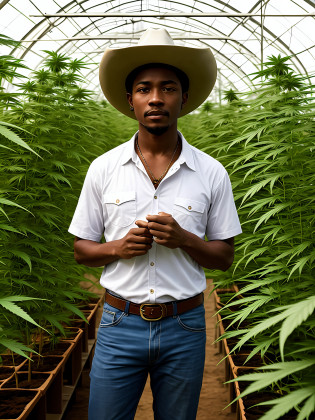 (melhor qualidade) A black hillbilly, in the cannabis greenhouse, cowboy hat, desenho