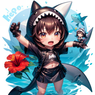 hightquality,Masterpiece, Chibi, nendoroid, Mega Mini, Shark hat, Shark hats have no ears, Hats don't have ears, Shark tail, Shark costume, A dark-haired, Hairstyle Bob, Metal,  Riding a shark, hibiscus, full bodyesbian,