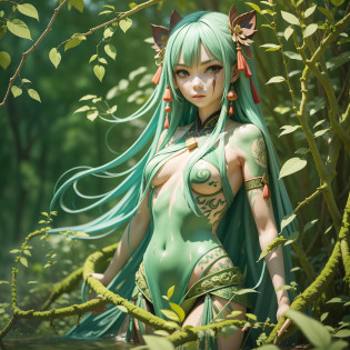 ((Best Quality)), ((Masterpiece)), (Reality)) , earth_spirit, melting_heart, bigbadejo alien_monster, ancient China, full body, slender, charming, female assassin fighting in the river, full of scars, seems to have just fought with a beast, all body is scarred, there are totem wounds on the face, splashes of waves, tree vines, vines, tree roots, vine man, in the forest, totem, tattoo, wound, bleeding, masterpiece?8k, --v6