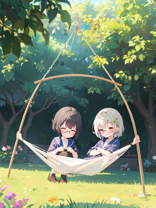 (masutepiece, Best Quality, Capture super cute moments, depth of fields, ultra-detailliert, Ultra High Resolution, C4D, Octadale, 3D Modeling, 8K, 16 K, one girls?a junior high school student?A dark-haired?short-hair?straight haired?Close both eyes?hair adornments?wearing black glasses?A smile?cute  face)?outside of house?campsite?in woods?hammock?Are sleeping