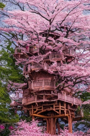 THE CHERRY BLOSSOM TREE HOUSE :: beautiful ornate treehouse in a gigantic pink cherry blossom tree :: on a high blue grey and brown cliff with light snow and pink cherry blossom trees :: Roger Deakins and Moebius and Alphonse Much and Guweiz :: Intricate details, very realistic, cinematic lighting, volumetric lighting, photographic, --ar 9:20 --no blur bokeh defocus dof --s 4000
