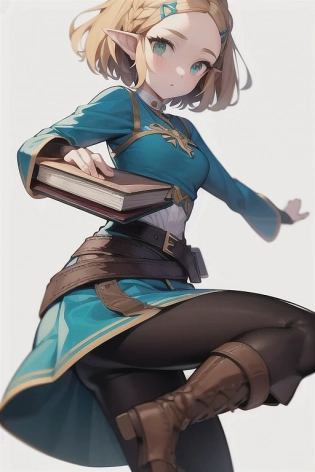 <lora:princessZeldaLora_v1:0. 5> princess zelda, 1girl, artist request, belt, blonde hair, blue shirt, book, boots, expressionless, full body, green eyes, highres, looking at viewer, magic, nintendo, pants, pointy ears, shirt, short hair, simple background, solo, the legend of zelda, the legend of zelda: breath of the wild, the legend of zelda: tears of the kingdom, white background