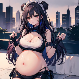 tmasterpiece, Best quality, (Detailed eyes and skin), ((Realistic)), , 1girll, Purple hair dress_Hair, golden colored_clothes, black_clothes, Blue_Eyes, Blue_sky, bblurry, bblurry_Background, bblurry_foreground, (modern_City:1.5), mediating_Breasts, Exercise_bblurry,photore_\?curly\??long whitr hair?Skysky????Full body body?Pregnant belly?Beth?Showing the belly?youthfulenergy?18-year-old girl?adolable?Two-dimensional painting style?Pregnant women with?Best quality, 8K, High quality,, hair adornments, hair-bun, Long hair, bangs, bow,  maid headdress, upper legs, Stockings, white thighhighs, cleavage cutout, Face focus, Close-up of a corpse in the distance, (Heart-shaped pupils:0.9), (Blush:0.65), (1girll, Solo:1.4), Cityscape, Blue sky, Bright sky, Sunny, holding flower, Large breasts, Detailed background, Detailed clouds,Pregnant belly?Two-dimensional painting style?(Masterpiece), Best quality, Fine details, Highest picture quality, Masterpiece,exquisite CG,1girll,Closed mouth,Brown eyes,Long hair,bangs,Bare shoulders, cleavage,(Big breasts:1.4),Bare arms,navel,Lace,a garter belt,Thighs,Loli,White pantyhose,water,hyper pregnant,Girl,SushangV4,Yae,SideBraid,Black bandeau?black lence stockings