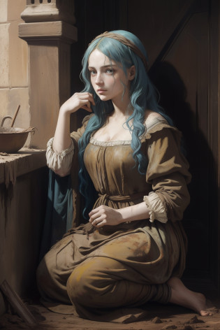 (beggar woman), Medieval beggar, 1 women, solo, single women, (oil painted), oil painting, professional oil painting, realistic, (Renaissance), dirty clothing, muddy clothes, stained clothes, filthy clothing, disgusting clothing, temptress clothing, (dirty yellow dress), medieval beauty,  ((blue hair)), busty, (feminine features), dirty face, muddy face, dark eyes, messy hair, dirty hair, mud in hair,  (Full-length), full-body kneeling image, kneeling in mud, (begging), dirt poor, dirty homeless, (Pre Raphaelite Painting), Leonardo da Vinci, Raphael, Peter Paul Rubens, Artemisia Gentileschi, Sofonisba Anguissola, Plautilla Nelli, (historical), feudal, dirty streets, mud, muck, disgusting, dirty, messy, (chiaroscuro), light and dark, Baroque aesthetics, renaissance art style