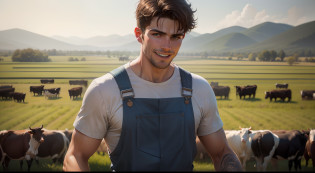 The man's name is Pulisic?He raises his cows on a vast farm?wide wide shot?full bodyesbian?With a smile on your face?Toothy??Masterpiece?Best quality?1.2??Aalfelder man in overalls?high quality portrait?Rendu portrait 8k?maxwell render?professional portrait hd?well-groomed model?Career back?Dramatic, photorealistic painting art by midjourney and greg rutkowski