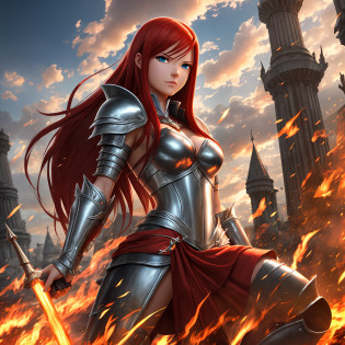 Erza Fairytale with shiny armor Fire Powers in HD 8K 4K Realistic 2D+3D --auto --s2