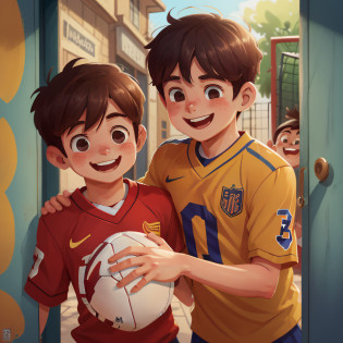Ao abrir a porta, John met a smiling, shy boy named Peter. Pedro also loved football and was excited to have found a new friend who shared the same passion.