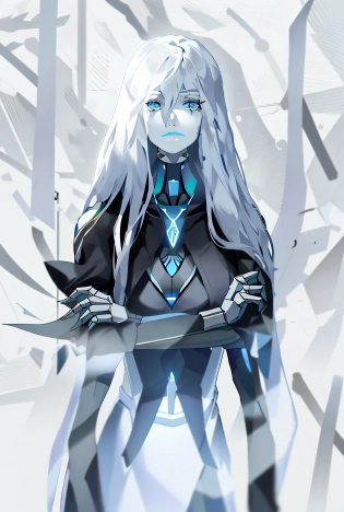 yorha type a no. 2, 1girl, android, bare shoulders, blue eyes, fog, hair over one eye, joints, light particles, long hair, mole, mole under mouth, one eye covered, portrait, robot joints, shadow, solo, white hair robot, robot joints, mechanical parts, highres,