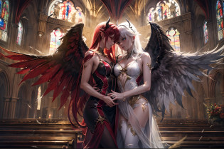 medium wide angle,  image of a beautiful angel and a sexy demon girl, embracing each other inside a church, the angel has white feathers wings and white hair, the demon girl has dark bat wings and red hair, they are happily hugging each other, the image is split into two side, one side is full of golden angelic auras, the other side is filled with dark nether gleam, showcasing a story of forbidden love, (detailed face, detailed eyes)