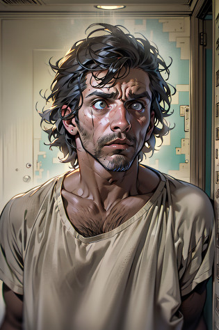 Um homem com aproximadamente 30 anos de idade, cabelos e barba escuros, barba rala, por fazer, fora de forma, in robes characteristic of a psychiatric hospital patient, White T-shirt without prints and blue cotton long pants, facial expression of absolute terror and panic. Olhando diretamente para frente. The man is in a hospital corridor with some lights burned and others on. The atmosphere is horror movie. O homem deve passar um ar de medo e incredulidade, como se estivesse frente a frente com algo sobrenatural, como um fantasma aterrorizante. facial expression of fear, psychotic gaze. As cores devem ser vibrantes e contrastantes, como os de Alphonse Mucha. Os detalhes devem ser delicados e complexos, como o de Mucha;. The strokes should be thick and almost erased, como estampas de arte de rua. The lines that delimit the shapes should privilege coarser and straighter angles.