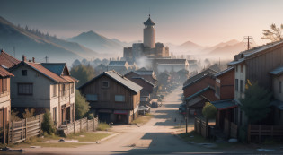 Close-up of a small town with lots of trees, Realistic photo of the city, Village ? Unreal engine, Small town in the surrounding area, ???????????? Unreal Engine 3D ????, soviet town, dusty unreal engine, The West Town, ground level view of soviet town, Abandoned city, Steam Workshop Maps, Chinese Village, Ultra-realistic graphics, The Giperrealistic Environment, Gloomy City, zombies