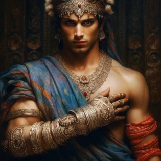 Krishna, Ultra-Wide Angle - Pull the camera very far back from subject, ultra realistic, male, muscular, indian, perfect hands, perfect eyes, perfect face, tow arms, five fingers, perfect hands, sharpen, brilliant colors, show legs, orientalist, intricate, by William Blake Richmond, john william waterhouse, cinematic, hyper realism, dramatic lighting, photo - realistic, high detail, HD, 8K