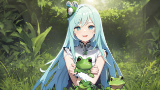 superfine illustration, very detailed beautiful face and eyes, Dynamic Angle, standing in a grass field, Take funny poses, Reflect the upper body, Happy expression, Hugging a frog