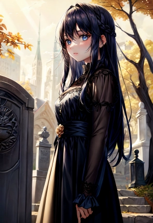 Award Winning Photo of A stunningly beautiful young girl with long, flowing black hair and Amber eyes stands in front of a towering oak tree, which casts a dappled light across her face. She is holding a single white rose, standing by a nearby headstone. As she stands there, lost in thought, you can feel the weight of her sadness and the depth of her love for the brother she has lost. Tim Burton, Edward Gorey, Extreme Feminine features, Hyper-detailed Eyes, Extremely Ornate, Cinematic Composition, Gloomy illumination, 70mm, <lora:add_detail:1>, 16k, UHD, HDR, (Masterpiece:1. 5), (best quality:1. 5)
