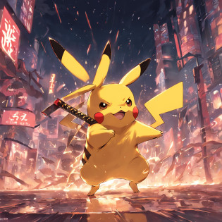 Criar uma imagem de um pikachu humanoide ajoelhado, Segurando uma katana e levantando-a, Make him an adult, Samurai