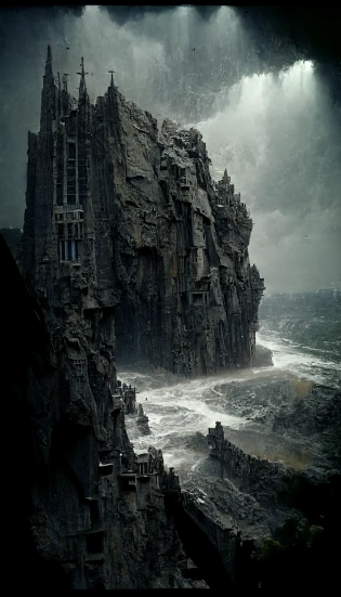 a brutalist gothic cathedral carved into the side of a sheer rock wall cliff, overlooking a tumultuous sea, with giant waves. landscape, unreal engine, 8k, cinematic, grey light, very high detail, wide, hyper realistic , black background, moody, ultra realistic, hyper realism, octane render, --ar 9:16 --q 5