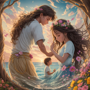 The image is a hyper-realistic digital illustration depicting a 7-year-old girl and a 5-year-old boy on their journey in search of the treasure of love. The scene shows the two brothers holding hands, standing on the beach of a magical island, bathed in a soft, golden light from the sunset. 

In the center of the image is a majestic tree with intertwined roots, representing the true treasure of love. The tree is lush and has multicolored flowers that represent the gestures of kindness and generosity scattered by the brothers during the journey. 

Penelope, a charming girl with long, curly hair, holds a bouquet of flowers in her hands. Her face conveys joy and serenity, and her flowing pastel-hued dress recalls the purity and delicacy of love. 

At his side, Pedrinho, a curious and animated boy, holds a map wrapped in one hand, indicating the journey in search of the treasure. Her bright smile shows the discovery of the true meaning of love in her actions. 

The surrounding beach is filled with magical details such as bright shells and colorful starfish. The calm and tranquil sea reflects the colors of the sunset, creating a serene and harmonious environment. 

In the background, a landscape of mountains and clouds gives a sense of adventure and discovery, recalling the journey the brothers took to reach the treasure island. 

The illustration is done in a rendered style, with smooth textures and minute details, creating a charming and magical atmosphere. The colors used are in pastel tones, with a palette that refers to the posters of the 70s, bringing a nostalgic and vibrant touch to the image. 

This illustration, with its beauty and subtlety, captures the meaning of the story 