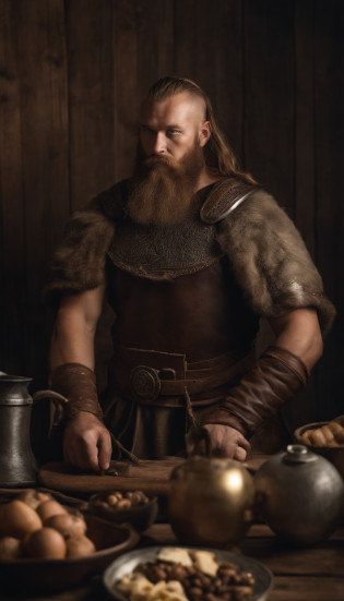 a viking man with armor and helmet, sitting at the table, eating, with food on a cutting board,  viking style,  norwegian man,  technoviking male with no shirt,  viking culture,  norse warrior,  germanic,  portrait of a viking,  viking warrior,  with axe,  norse god,  viking beard,  viking berserker,  wearing viking clothes,  viking king,  picture of an adult male warrior,